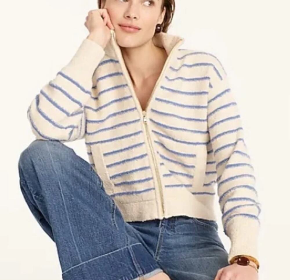 J.Crew Zip Up Cotton Blend Boucle Sweater White Blue Stripe Mock Neck Size Small